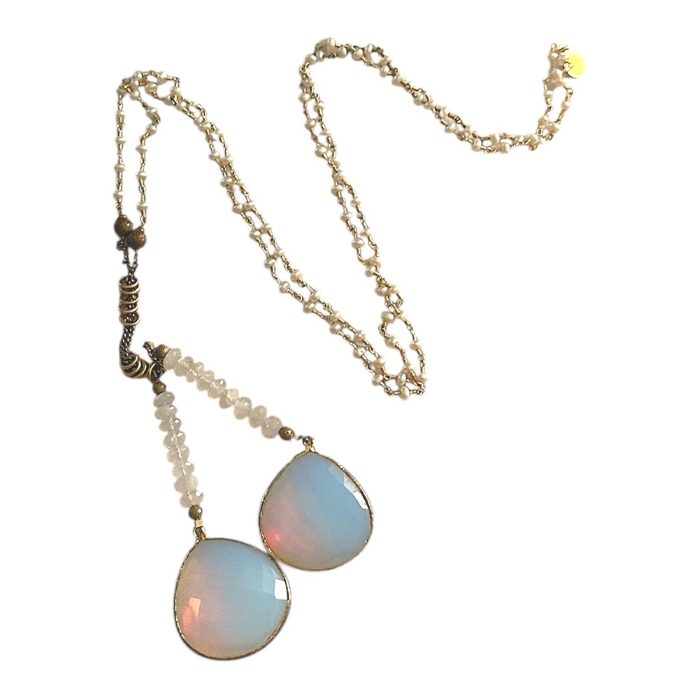 Catherine page jewelry Pearl, moonstone, and Gold Teardrop Necklace
